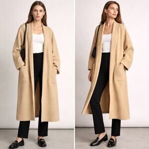 Zara Long Knit Cardigan Coat Tan Camel Open Front Duster Pockets Size Small